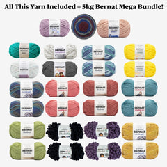 Bernat Mega Bundle of yarn in various colors on a white background