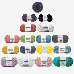 Collection of Bernat yarn balls in various colors on a white background