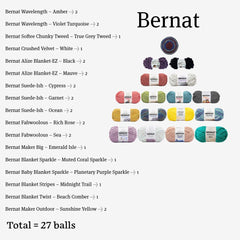 Bernat yarn collection with various colors and types on a white background