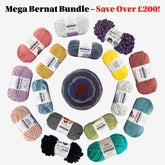 Collection of Bernat yarn balls in various colors with promotional text on a white background