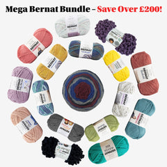 Collection of Bernat yarn balls in various colors with promotional text on a white background