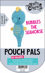 Packaging for Knitty Critters Pouch Pals I Bubbles The Seahorse crochet kit, featuring the completed amigurumi pouch and a list of included items such as toy stuffing, pattern leaflet, 100% recycled cotton yarn, and crochet hooks.