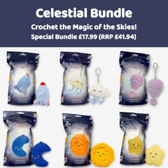 Ringleaders Set of 6 crochet kits - Celestial (Hot Air Balloon, Moon, Cloud, Star, Sun, Rocket ship)