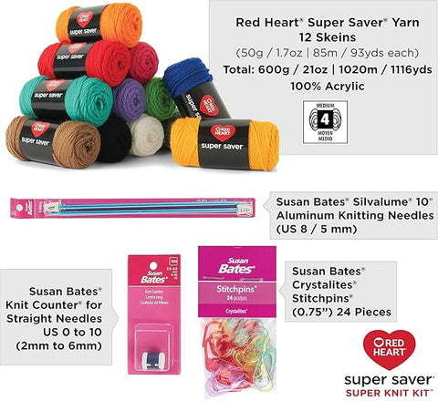 Red Heart Super Saver Super Yarn Knit Kit with Accessories for Knitting & Amigurumi Projects