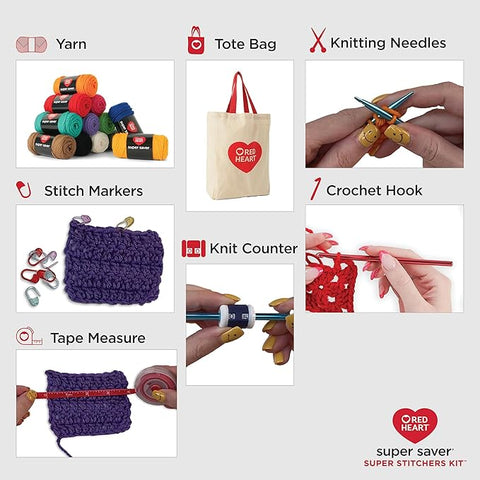 Red Heart Super Saver Yarn Super Stitchers Kit with Accessories for Knitting, Crochet & Amigurumi Projects