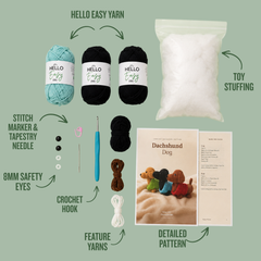 Hello Artisan Box - Cosy Sausage Dog - Black | DIY Crochet Amigurumi Kit