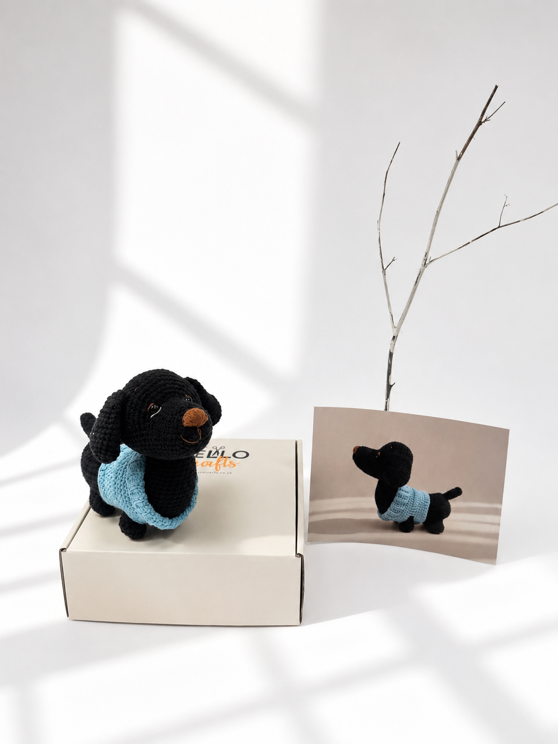 Hello Artisan Box - Cosy Sausage Dog - Black | DIY Crochet Amigurumi Kit