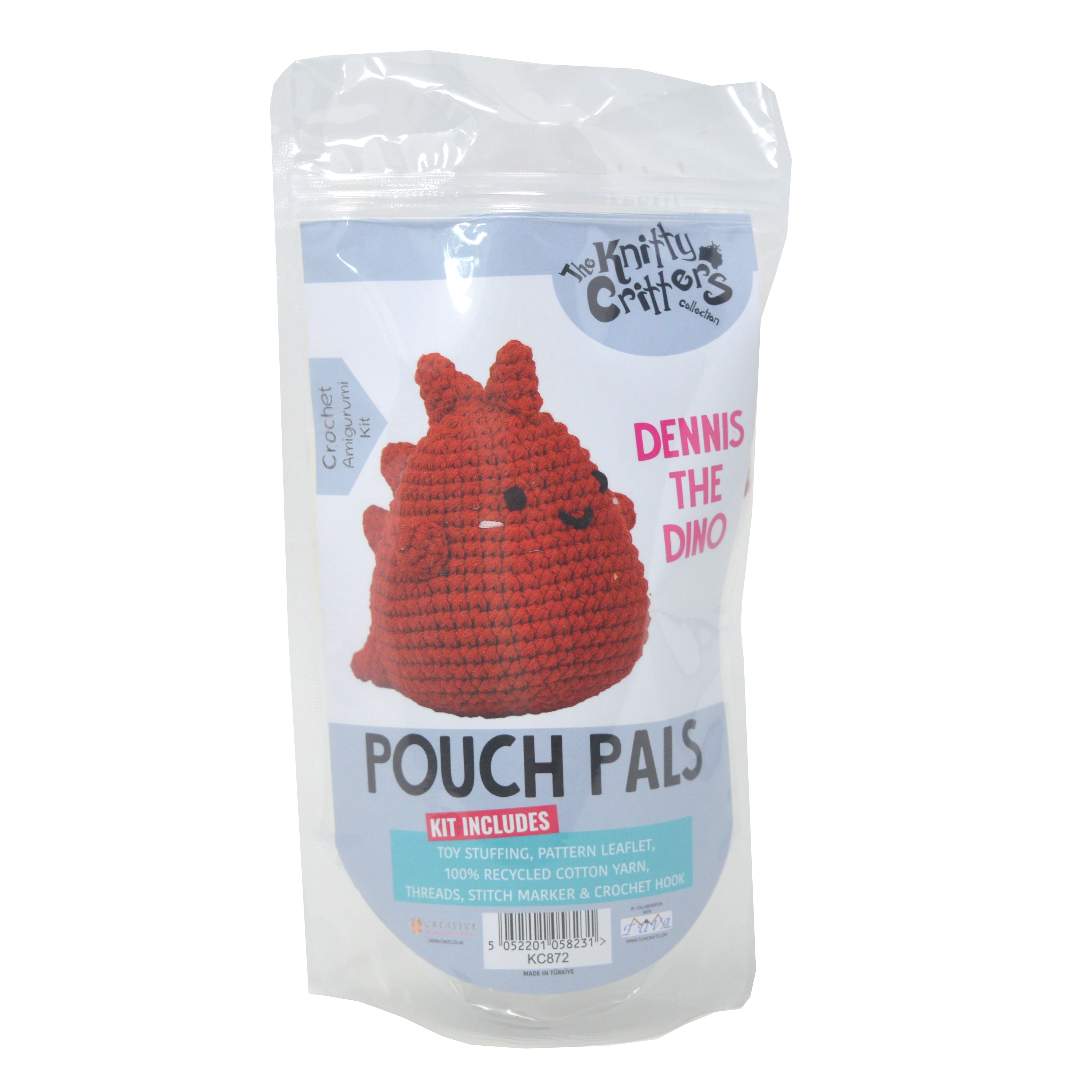 Knitty Critters - Pouch Pals II - Dennis The Dino | DIY Amigurumi Crochet Kit