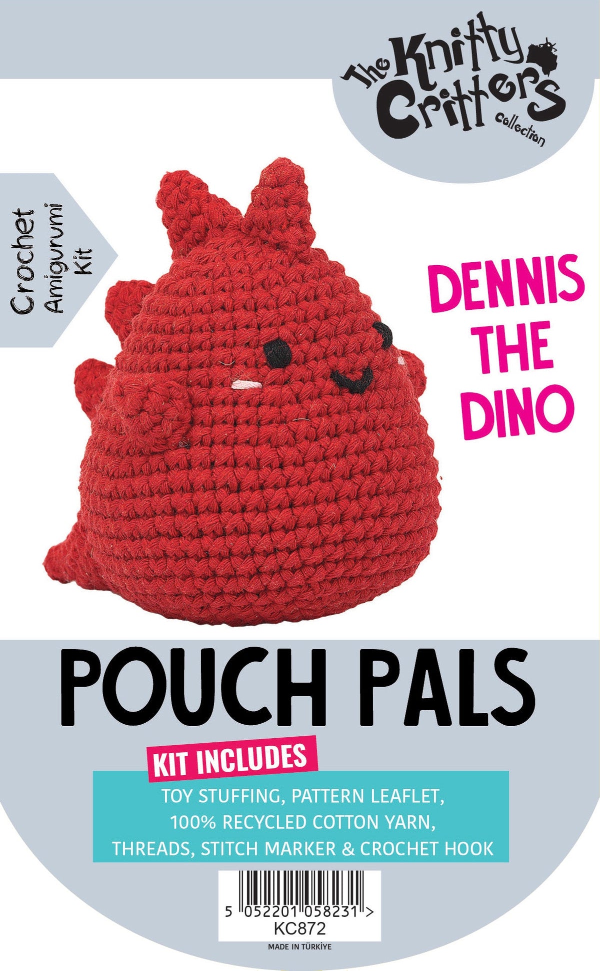 Knitty Critters - Pouch Pals II - Dennis The Dino | DIY Amigurumi Crochet Kit