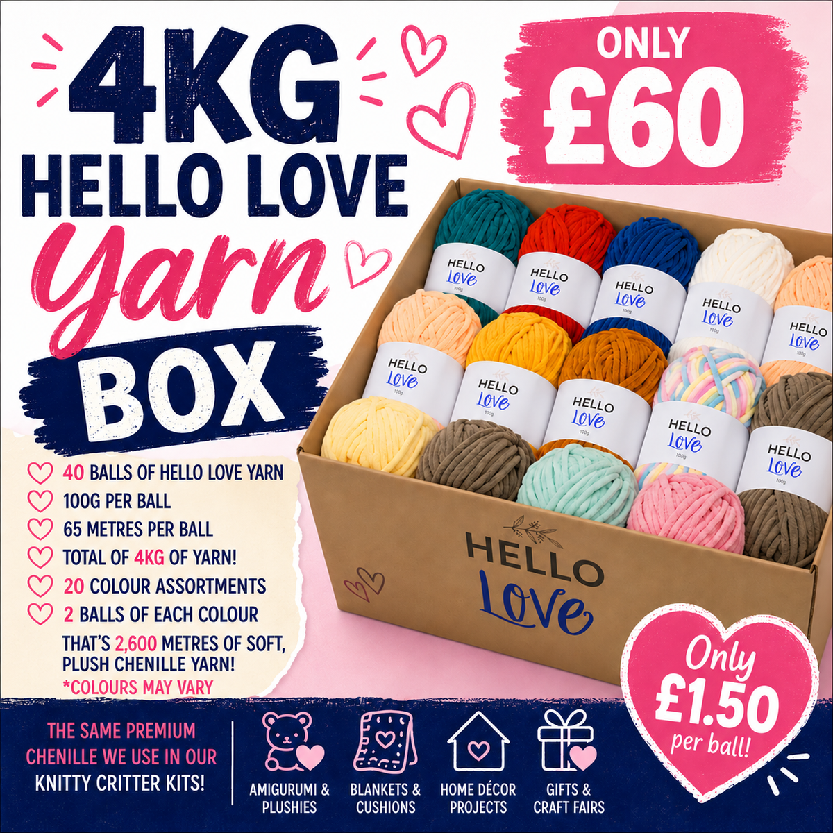 4kg Mega Bundle Hello Love Chenille Yarn – 40 x 100g Balls