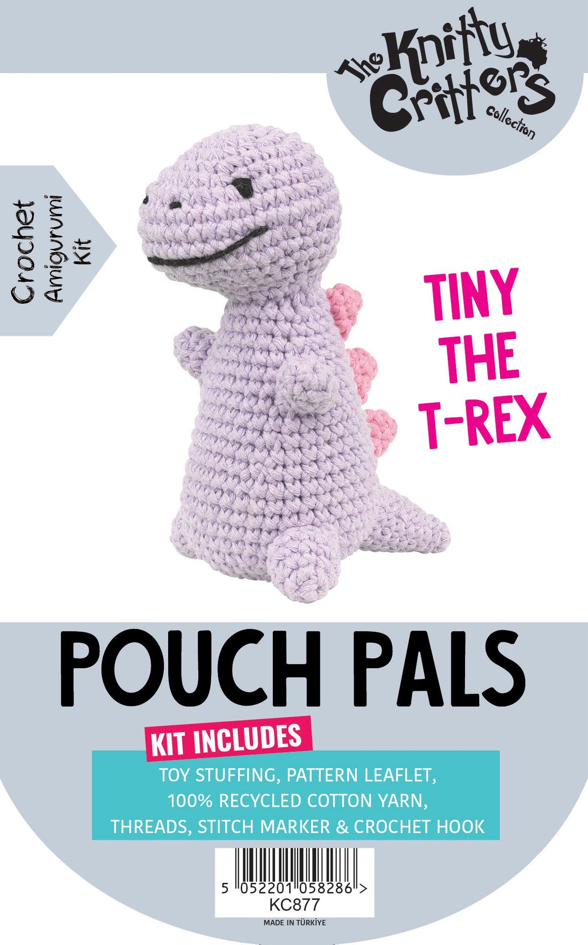 Knitty Critters - Pouch Pals II - Tiny The T-Rex | DIY Amigurumi Crochet Kit