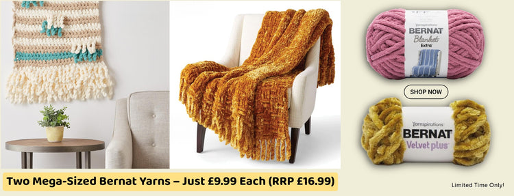 HelloCrafts weekend yarn offer – Bernat Velvet Plus Super Chunky 300g and Bernat Blanket Extra 300g yarns, £9.99 each (RRP £16.99), soft chunky yarn balls displayed with text overlay highlighting the limited-time sale.