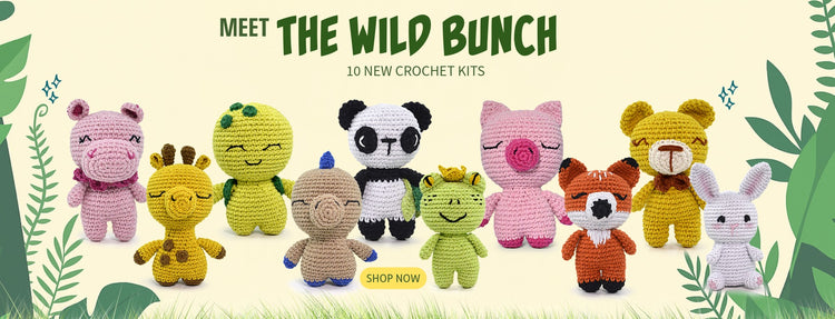 HelloCrafts Wild Bunch crochet kits banner with jungle leaves background and text “New Kits – 10 Designs in Total